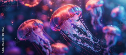 Glowing jellyfishes swim deep in dark blue ocean. Realistic Medusa neon jellyfish in sea. Black background with a space for text.