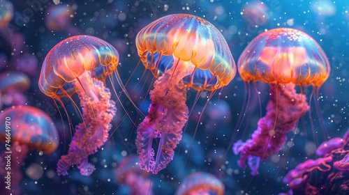Glowing jellyfishes swim deep in dark blue ocean. Realistic Medusa neon jellyfish in sea. Black background with a space for text.
