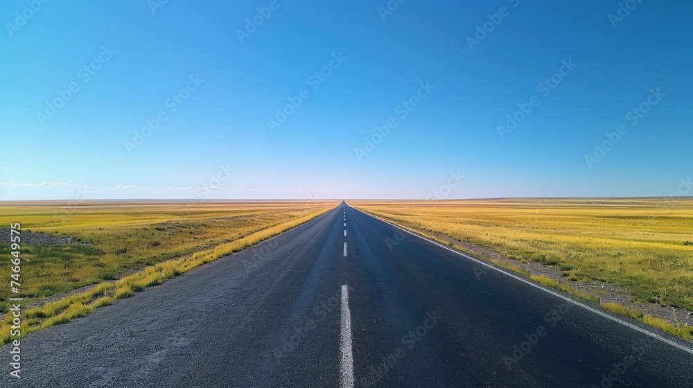 Vertical highway against a clear sky, with clean grasslands on both sides, free of obstacles Vertical highway against a clear sky, with clean grasslands on both sides, free of obstacles