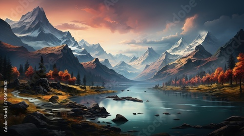 a mountain range with fog, trees and a lake, in the style of style, richly colored skies, frostpunk, romanticized views, eye-catching photo