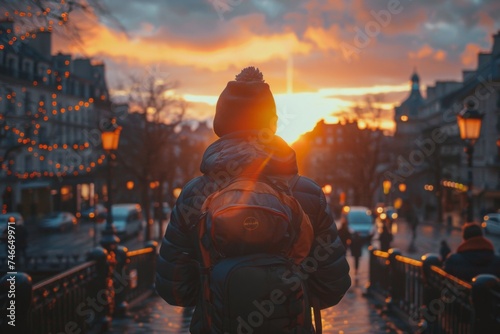 Traveler Watching Sunset in the City during Winter  © Rumpa