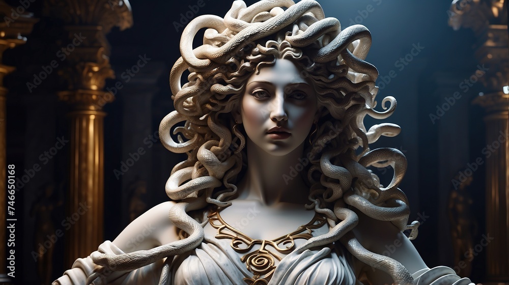Close up of Marble statue of Medusa in temple Close up of Marble statue of Medusa in temple