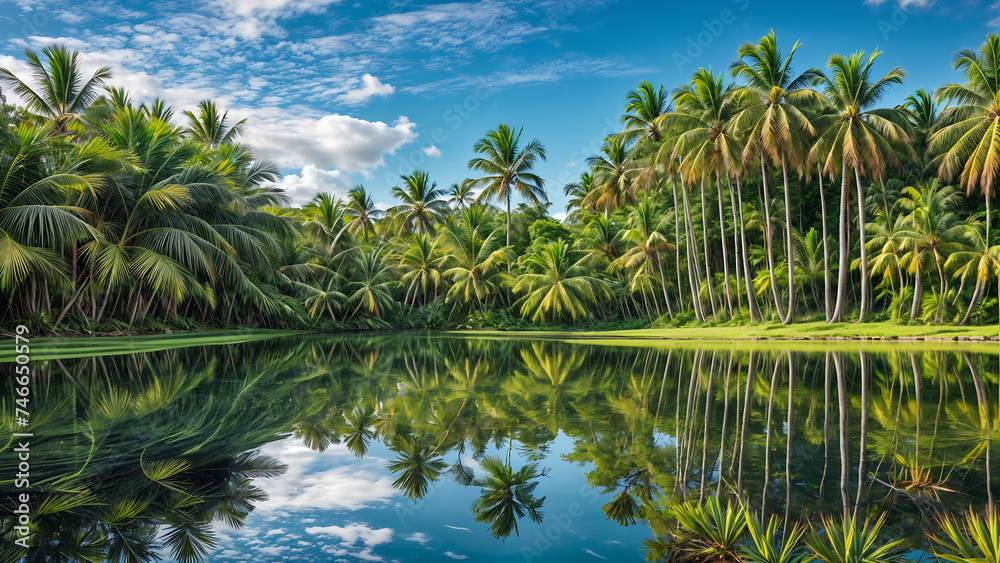 The serene and artistic scene features the reflection of palm leaves on the water.
