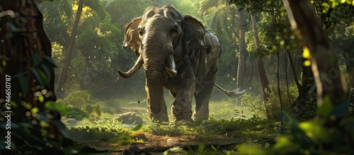 A big elephant is walking through a dense and vibrant green forest filled with a variety of trees, plants, and foliage. The majestic animal gracefully moves through the rich ecosystem.