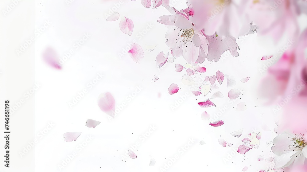 pink and white cherry blossom petals descend diagonally from upper left to lower right on a modern, stylish white background