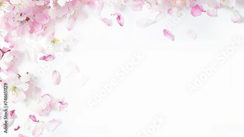 pink and white cherry blossom petals descend diagonally from upper left to lower right on a modern, stylish white background