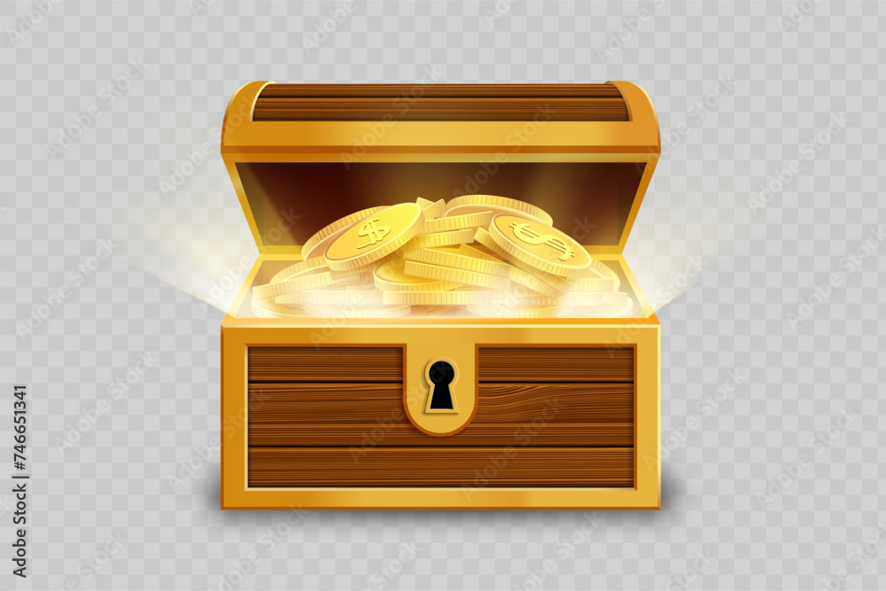 Open wooden chest with gold coins. Object isolated on transparent ...