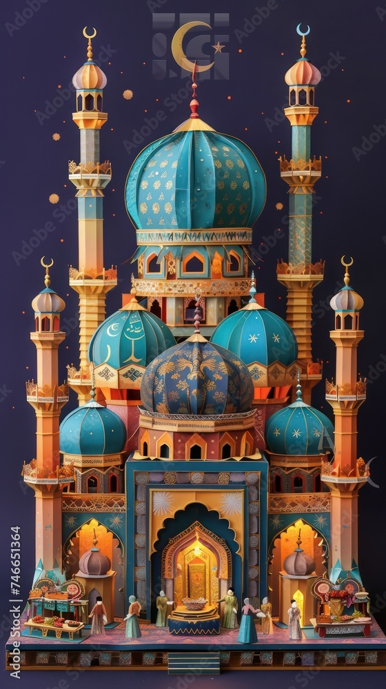 Fototapeta premium In vibrant 3D paper art, a radiant mosque under a gleaming moon blends Eastern and Western architecture intricately