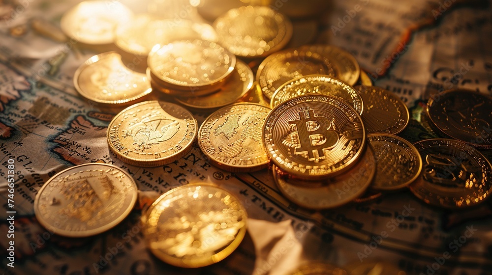 Antique gold coins scattered on an old map, symbolizing global investment journeys and the quest for financial treasure Antique gold coins scattered on an old map, symbolizing global investment journeys and the quest for financial treasure