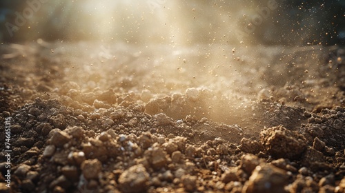 Mystic golden dust eruption on a desert horizon at dusk. Dust background