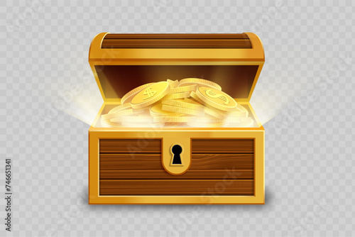 Open wooden chest with gold coins. Object isolated on transparent background. Stock vector illustration