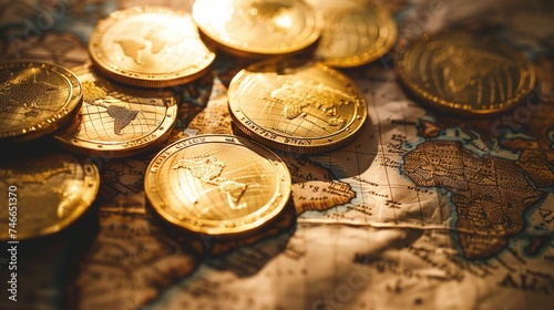 Antique gold coins scattered on an old map, symbolizing global investment journeys and the quest for financial treasure photo