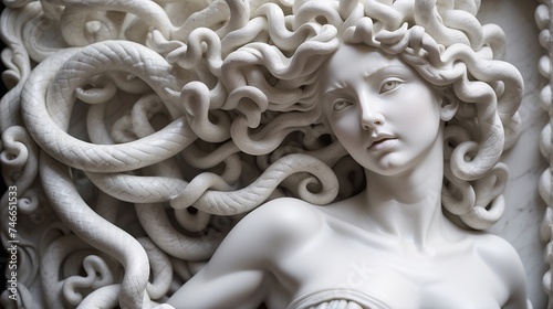 White marble sculpture of Medusa, close up