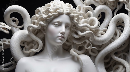 White marble sculpture of Medusa, close up