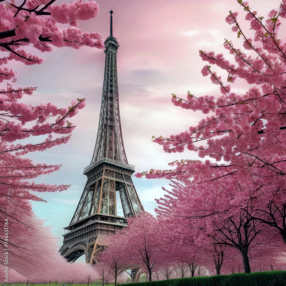 Pink cherry blossom with Eiffel Tower background