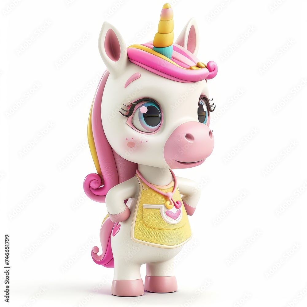 Adorable 3D cartoon unicorn character with pink mane and yellow apron. Cute fantasy creature illustration for children. Whimsical unicorn figure in pastel colors with playful design.