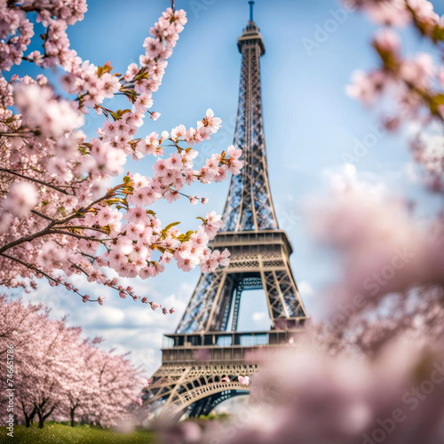 Pink cherry blossom trees with Eiffel Tower background in springtime  © driftwood