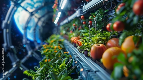Fototapeta Naklejka Na Ścianę i Meble -  Hydroponic Farm in a Space Station Orbiting Earth. Fresh Vegetables and Microgreens Growing in Zero-Gravity. Zero-G Farming, Space Agriculture, and Sustainability. AI Generated