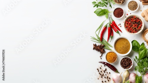 Culinary herbs, spices, and seasonings arranged with space for design. Assortment of spices and herbs