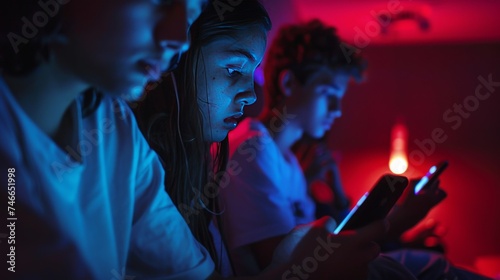 Teenagers immersed in smartphones during a power outage. Generation Z lost in digital worlds at home. Friends on phones ignoring each other in red glow.