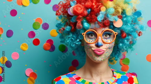 Portrait of beautiful party woman in wig and glasses Carneval ,A woman with vibrant, bold makeup close-up, showcasing her artistic and glamorous style with stunning details and colors
 photo