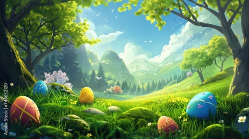 Cute cartoon anime-style Easter eggs tucked away in the grass. photo