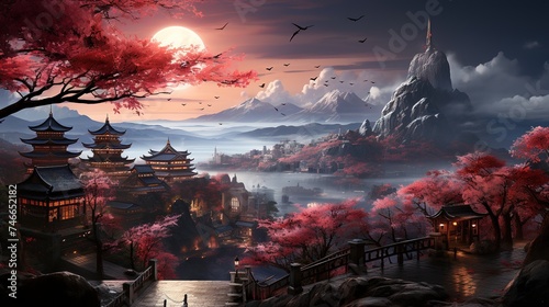 a pagoda located beside a mountain or tree overlooking some cherry trees, in the style of light red and light blue, eye-catching, dazzling cityscapes