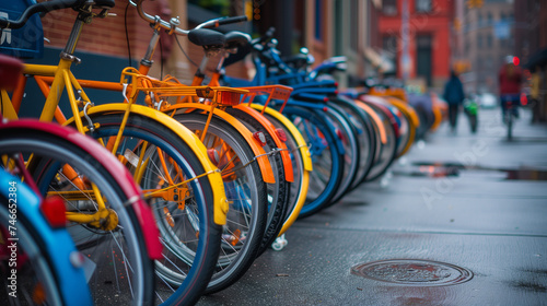 Row of colorful cruiser bicycles parked outdoors.
