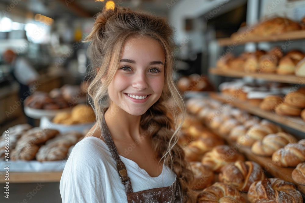 Young beautiful girl baker at work in the bakery