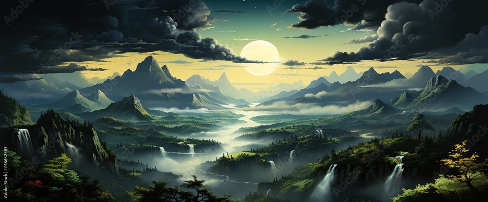 a panorama with beautiful mountains and sunlight above it, in the style of confucian ideology, dark yellow and dark emerald, sunrays shine upon it, capturing moments, romanticized views, creative comm - obrazy, fototapety, plakaty 