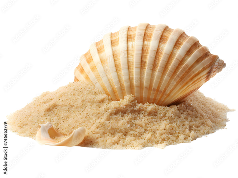 Sea shell in sand pile isolated on white, side view Sea shell in sand pile isolated on white, side view