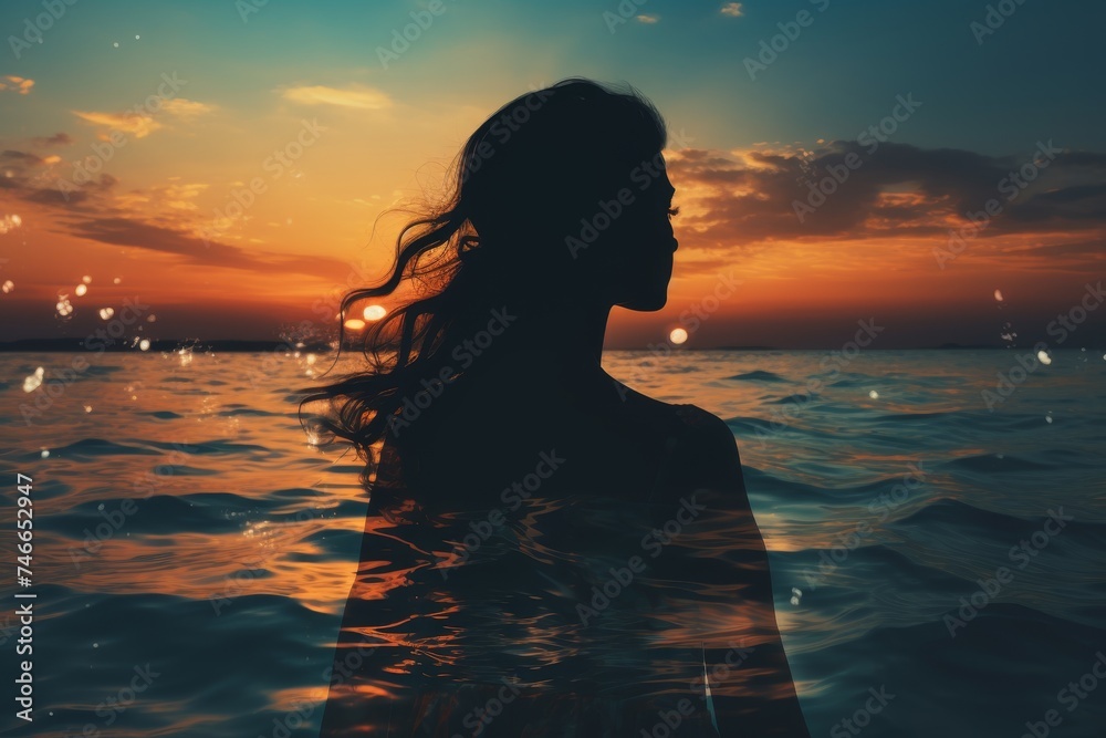 Double exposure of womans silhouette walking on beach against stunning ocean sunset background Double exposure of womans silhouette walking on beach against stunning ocean sunset background
