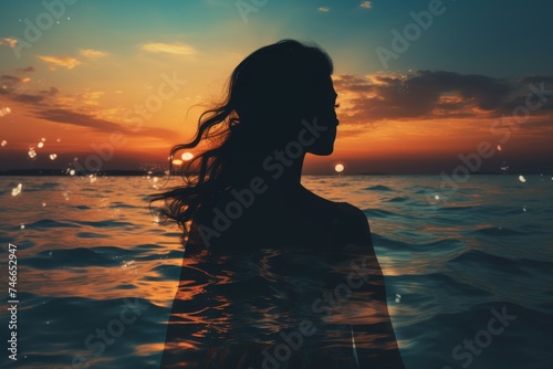 Double exposure of womans silhouette walking on beach against stunning ocean sunset background