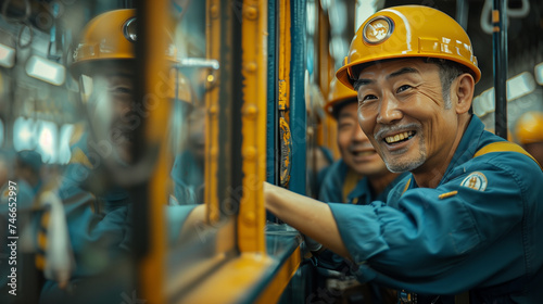 Happy train repair and restoration workers in a rail yard.  photo