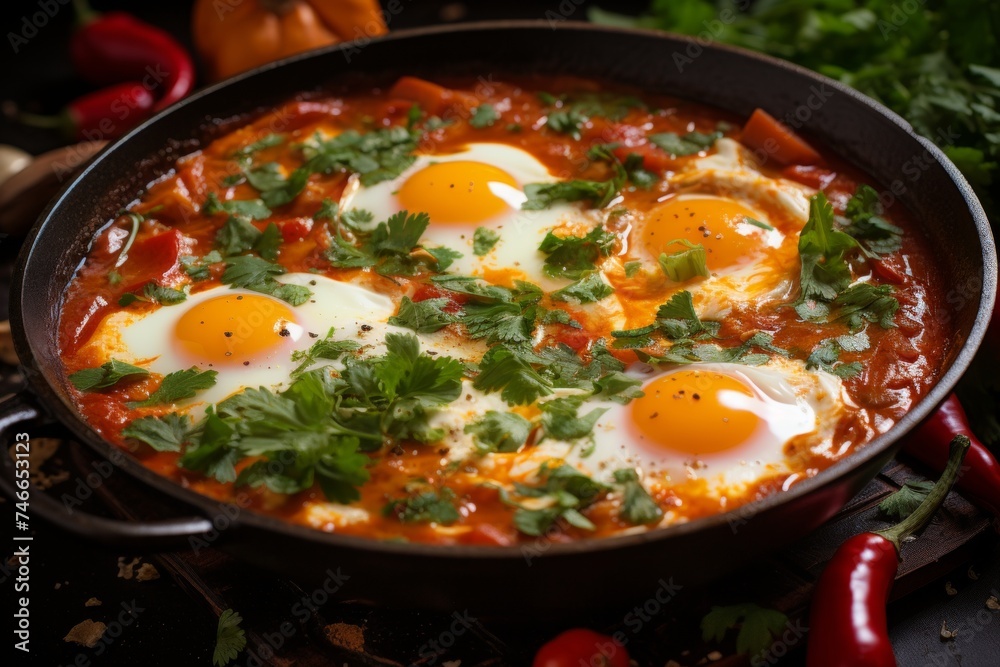 Yammy shakshuka with eggs, ripe tomatoes, and green herbs in a pan on black background