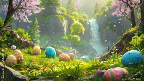 A charming forest with a waterfall and meadow, adorned with Easter eggs nestled in the grass, all depicted in a cute cartoon anime style
