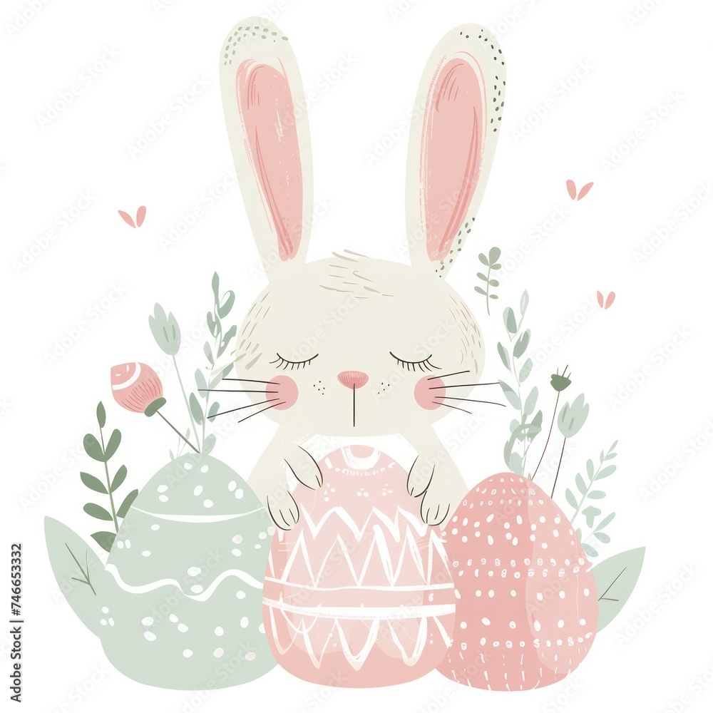 Easter day clipart drawn by hand, showcasing charming illustrations of a bunny and vibrant eggs.