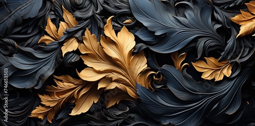 a pattern made of black leaves and a lot of shadows, in the style of luxurious textures, abstraction, photorealistic detailing, flowing forms © Smilego