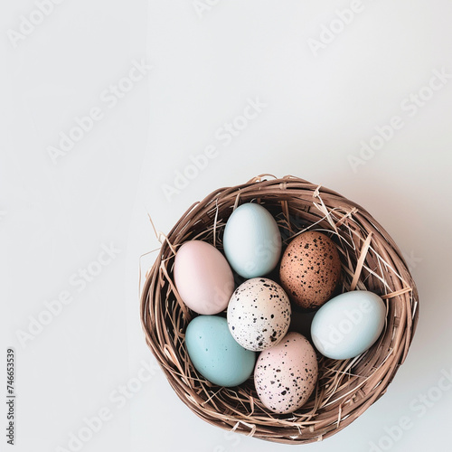 easter eggs in a basket on white background created using generative AI tools
