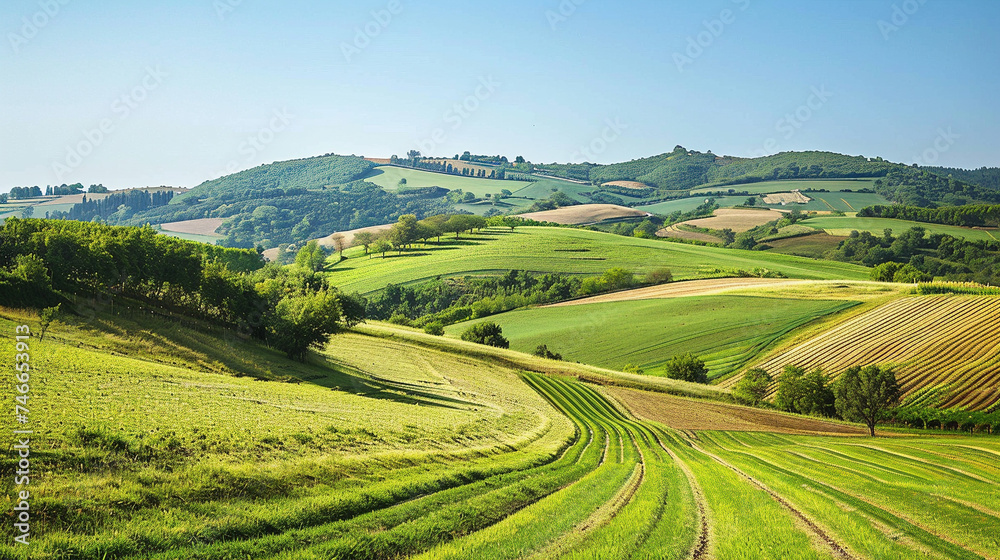 Serene Countryside Vista with Rolling Hills and Farm Fields