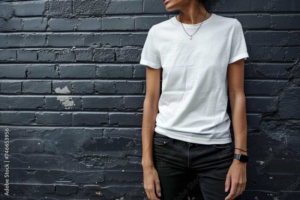 Chic Urban Attire: Sophisticated Woman in White Tee and Black Pants on Textured Wall Chic Urban Attire: Sophisticated Woman in White Tee and Black Pants on Textured Wall