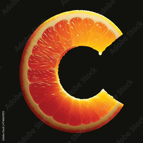 Vitamin C, Letter C made of slice Orange citrus fruits Vector EPS 10 illustration. C shape isolated on background, Orange fruit icon.