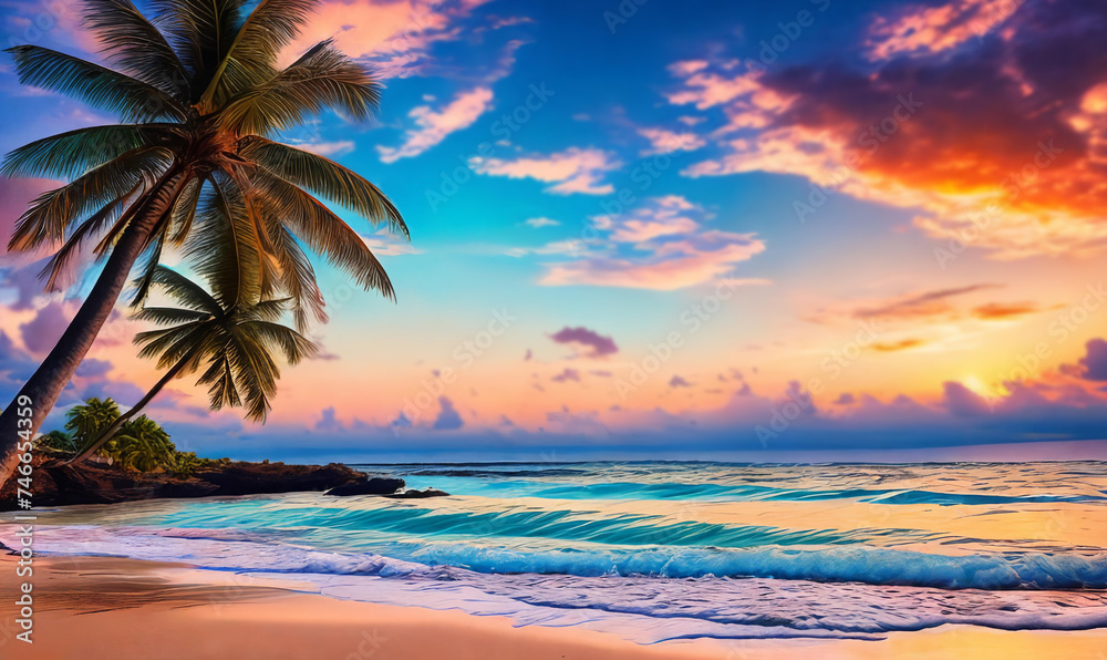 A sunset paints the sky in hues of orange pink over a tranquil beach with a palm tree swaying gently. Generative AI.