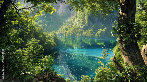 Serene Oasis  Crystal-Clear Blue Lake Amidst Lush Greenery