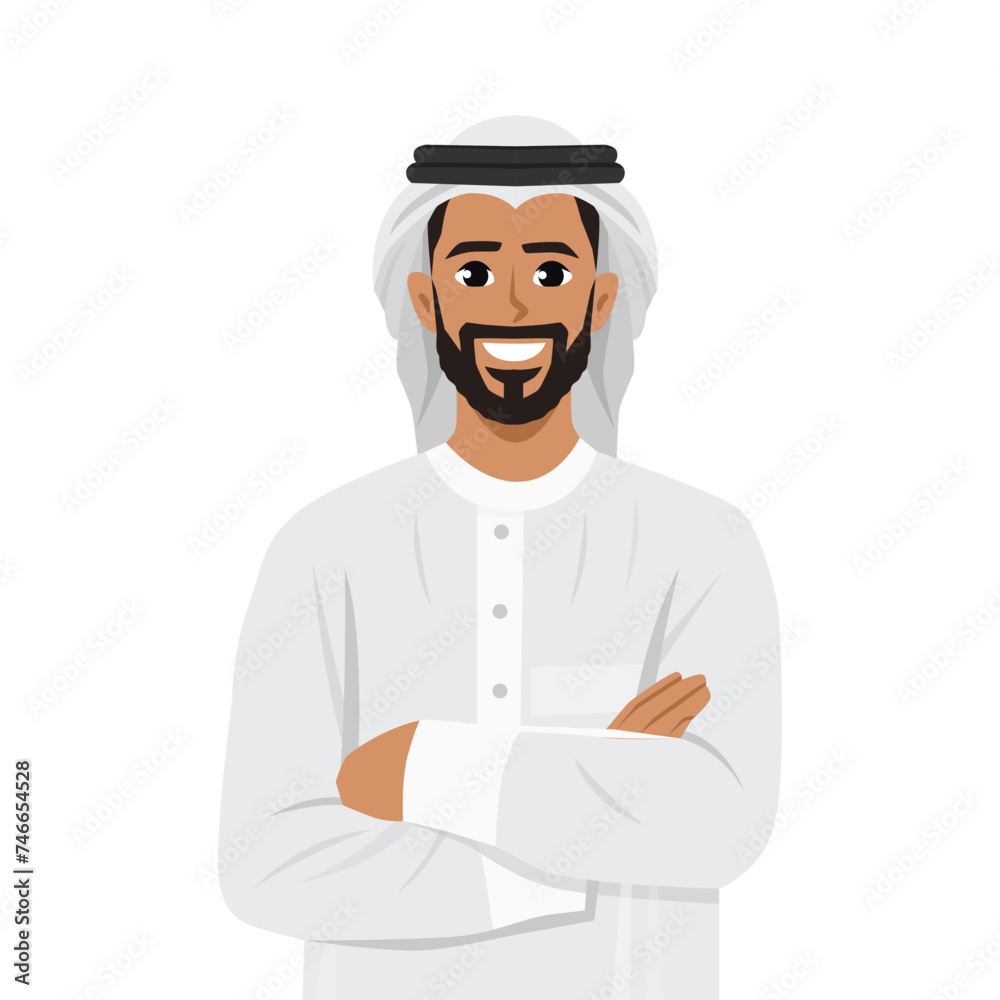 Arabian man standing arms crossed. Flat vector illustration isolated on white background Arabian man standing arms crossed. Flat vector illustration isolated on white background