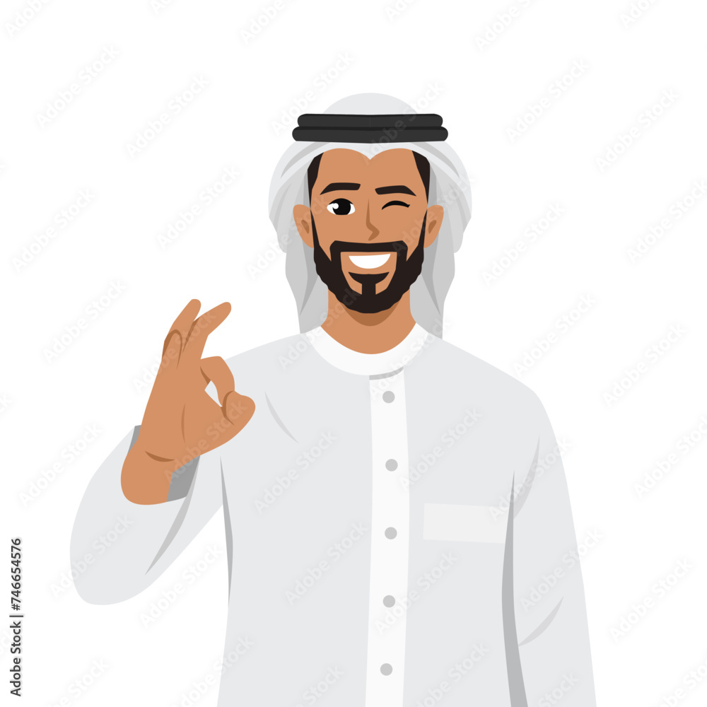 Young happy arab muslim man giving okay hand sign. Flat vector illustration isolated on white background Young happy arab muslim man giving okay hand sign. Flat vector illustration isolated on white background