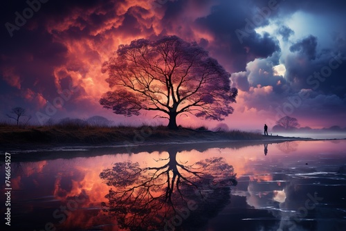 a person walking next to a tree on a lake, in the style of dark sky-blue and violet, flickr, dark pink and sky-blue, atmospheric clouds, playing with light and shadow photo