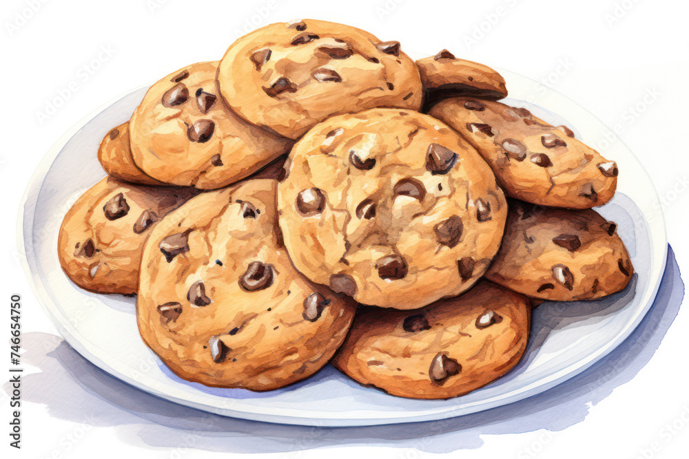 Delicious Homemade Chocolate Chip Cookies Stack on a White Wooden Plate, Closeup on a Rustic Table. Delicious Homemade Chocolate Chip Cookies Stack on a White Wooden Plate, Closeup on a Rustic Table.