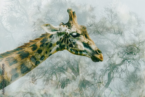 A giraffe overlaid with the texture of acacia trees in an African savanna double exposure photo