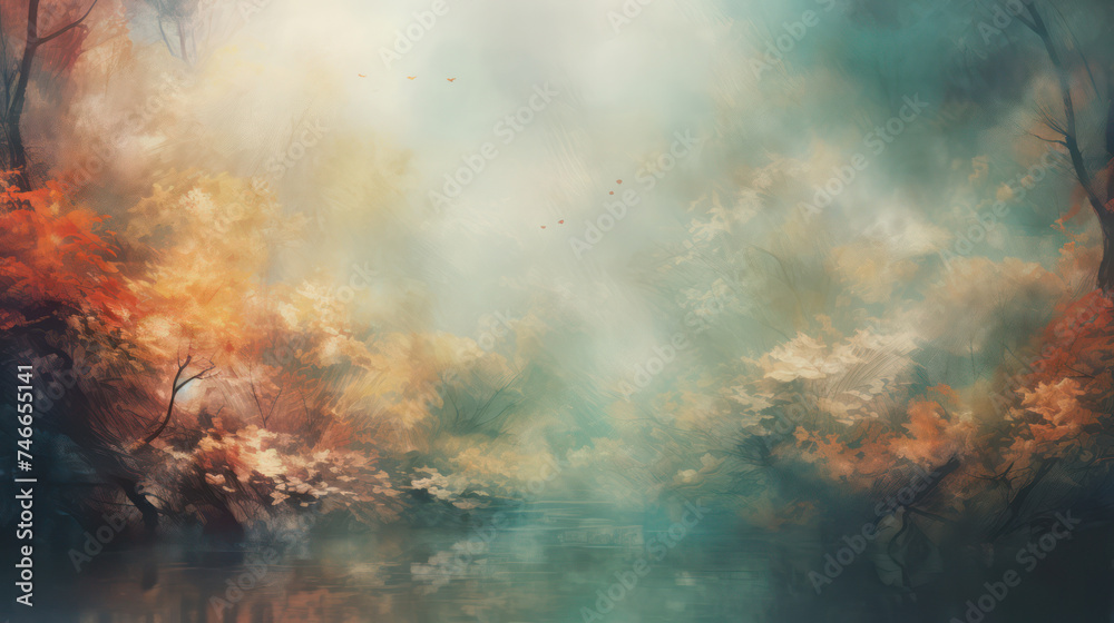 Vintage Grunge Sky: Abstract Blue Background with Textured Clouds and Green Mist
